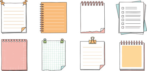 A versatile collection of colorful illustrated notepad sheets, including checklists, grids, and lined paper for organization and planning