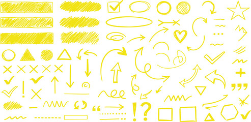 Collection of Yellow Scribble and Doodle Elements, Including Arrows, Checkmarks, Circles, Squares, and Hearts for Graphic Design and Creative Projects