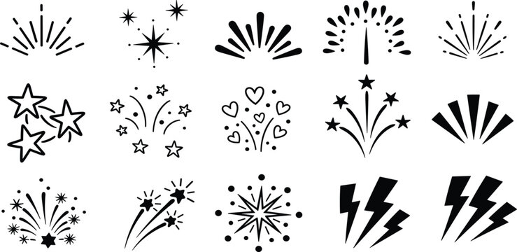 Diverse vector icon set featuring stylized firework bursts, glittering stars, and dynamic lightning bolts, ideal for adding an energetic and celebratory flair to modern design projects