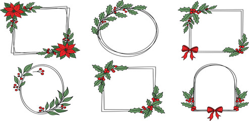 Collection of hand-drawn festive holiday frames adorned with holly and poinsettias, perfect for Christmas and winter designs