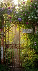 A rustic garden gate covered in vibrant flowering plants with a sign that reads 'Nature's Persistence' in a serene outdoor setting during sunlight