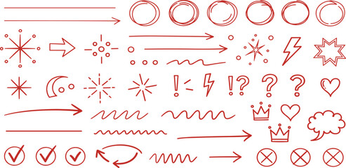Collection of red hand-drawn graphic elements including arrows, stars, question marks, and circles on a white background