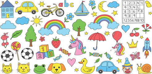 Whimsical collection of colorful cartoon elements for children's designs, featuring toys, animals, vehicles, and fantasy creatures