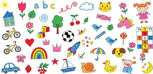 A vibrant collection of colorful hand-drawn doodles representing childhood imagination and learning