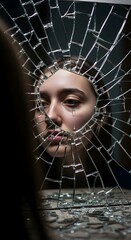 A young woman with a contemplative expression looks through a shattered mirror with a large hole in the center, creating a dramatic and artistic visual effect