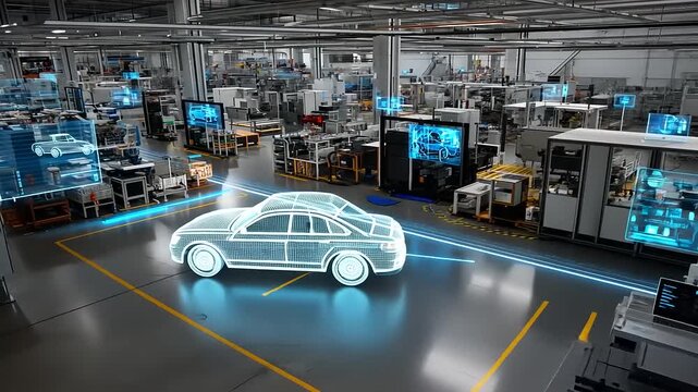 Futuristic car design in a high-tech manufacturing facility with digital overlays and machinery - Powered by Adobe