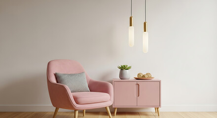 Interior of living room with pink armchair, wooden cabinet, and decor on white wall