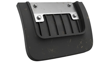 Close up of black mud flap with metal fixture attached on transparent backdrop