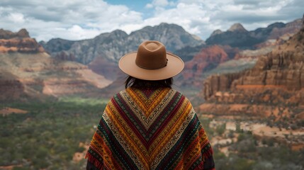 Scenic travel moment featuring a lone explorer in a patterned poncho and wide-brim hat overlooking majestic red rock mountains, capturing adventure, wilderness freedom, and the serene beauty of vast d