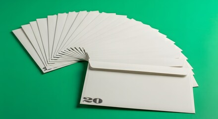 A fan of blank white paper sheets fanned out on a vibrant green background, creating a visually appealing and organized display of stationery items