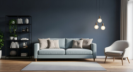 Interior of a living room with light blue sofa, armchair, and decor on dark blue wall
