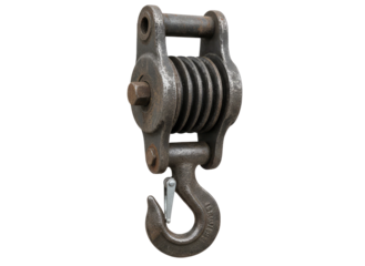 Metal lifting crane pulley with hook industrial machinery on transparent background