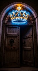 A neon sign of a crown illuminated in blue and yellow colors above a wooden door in a dimly lit setting, creating a regal and stylish atmosphere