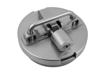 Metal fuel tank hatch with padlock for vehicle protection from theft on checkered