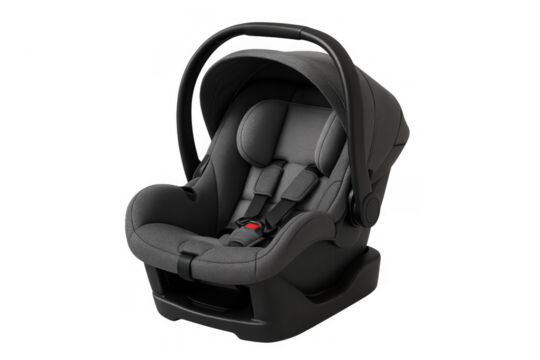 Gray baby car seat providing safety and comfort for infants during travel. Child restraint system for safe transporting