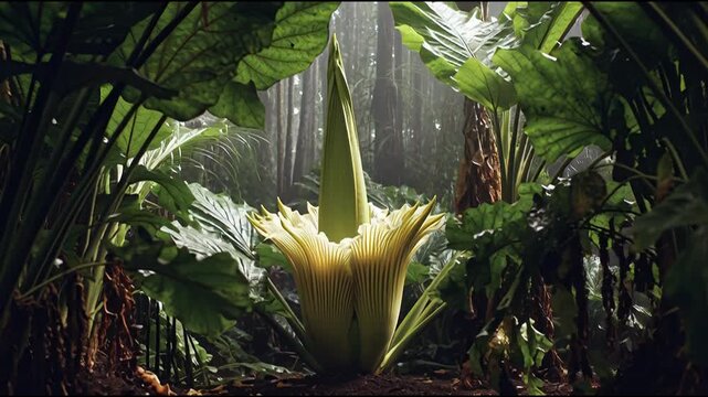 Sunlight Illuminates a Rare Giant Titan Arum Flower in the Jungle.