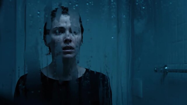 A person looking at their reflection in a shower mirror