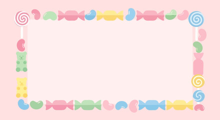 Delightful candy frame with lollipops, jelly beans, and gummy bears on pink backdrop