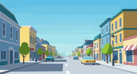 Stylized cartoon illustration showcasing a colorful main street on a sunny day © Anisah