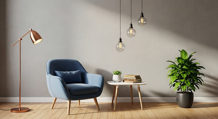 Interior of a living room with blue armchair, table and lamp on wooden floor