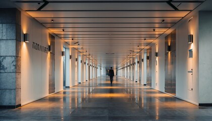 Modern Corporate Office Hallway with Man Walking in Bright Well-lit Corridor