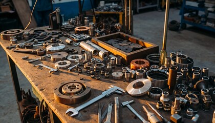 Industrial Workshop Metal Parts Tools Workbench in Manufacturing Setting