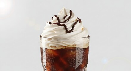 Rich chocolate milkshake topped with whipped cream and chocolate syrup, tall glass, realistic texture, studio shot, isolated on white background, premium food photo.