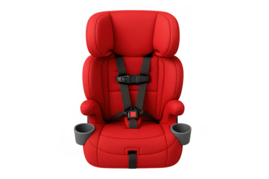 Red child car safety seat providing protection and comfort for young passengers during automotive travel, transparent background