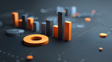 3D bar and donut charts on dark digital background.