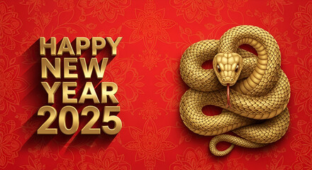 Obraz premium A golden snake on a red, ornamented background with 