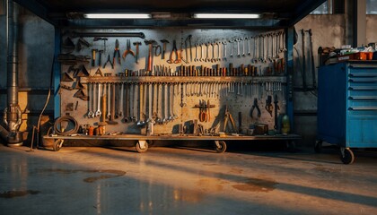 Industrial Workshop Tools Hanging on Wall in Garage or Workshop with Blue Storage Cabinet