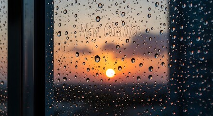 A close-up view of a rain-covered window with a blurred sunset in the background creating a peaceful and reflective atmosphere