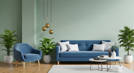 Interior of a living room with blue sofa, armchair and plants on wooden floor
