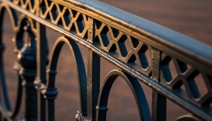 Close Up Black Iron Fence with Decorative Arches and Crosshatch Pattern in Warm Sunset Light