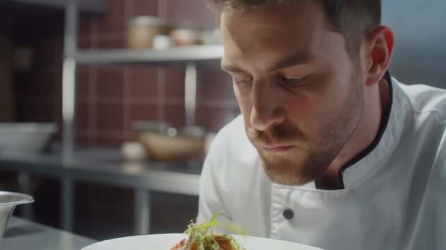 A focused male chef in a white uniform carefully smells a gourmet dish garnished with microgreens in a professional kitchen.