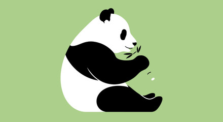 Minimalist Panda Illustration in Vector Style, Sitting and Eating Bamboo Leaves Against Green