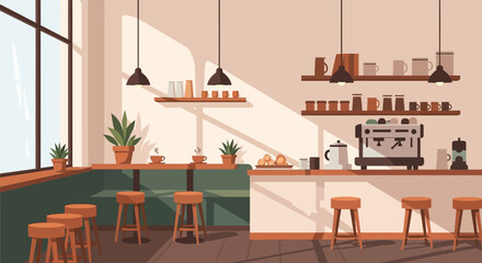 Cozy and inviting coffee shop interior with natural light, plants, and warm tones creating a