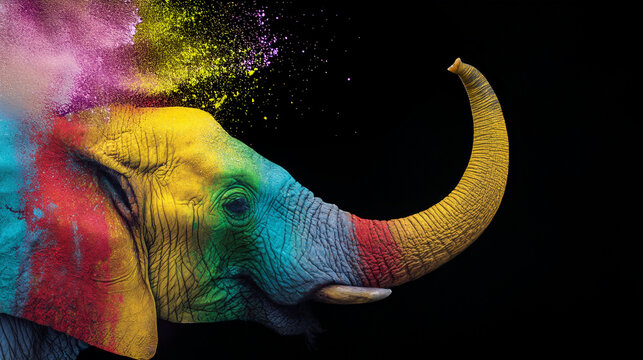 Colorful elephant head with exploding powder effect on black background.