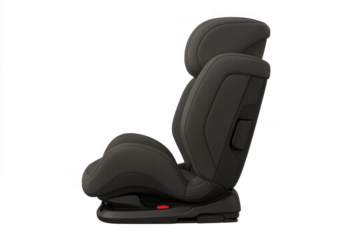 Black modern car seat protecting infant during travel, providing essential child safety and security, transparent background