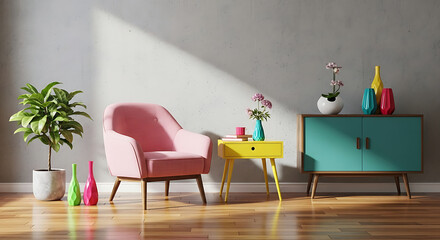 Interior of a living room with pink armchair, yellow table and cabinet on wooden floor