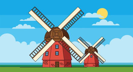 Whimsical windmill landscape illustration with vibrant colors and cartoon style aesthetic perfect