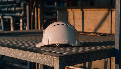 White Safety Helmet Resting on Metal Industrial Platform in Warm Lighting