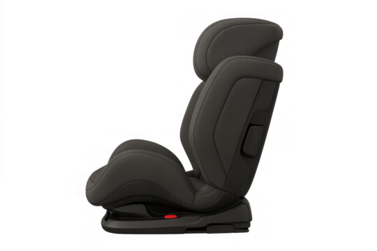 Black modern car seat protecting infant during travel, providing essential child safety and security, transparent background