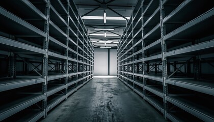 Empty Industrial Warehouse Storage Shelves with Modern Lighting in Large Space