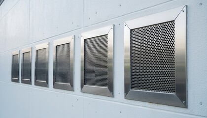 Series of Modern Metal Ventilation Grilles on Light Gray Wall