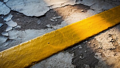 Close Up of Yellow Line Marking on Cracked Asphalt Surface in Roadway
