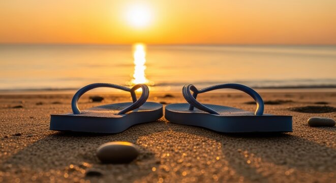 Flip-flops on Beach at Sunrise - Powered by Adobe