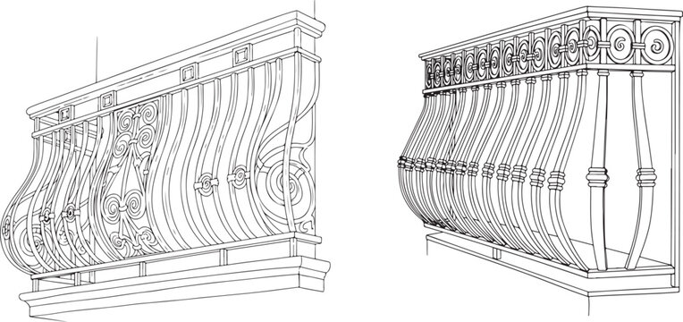 Decorative Wrought Iron Balustrade Designs with Elegant Scrolls and Curves Vector