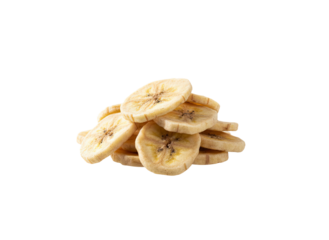 Pile of dried banana chips slices healthy snack on transparent background studio shot