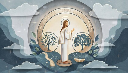 Religious Illustration of Jesus Christ with Halo in Serene Cloudscape with Trees and Book